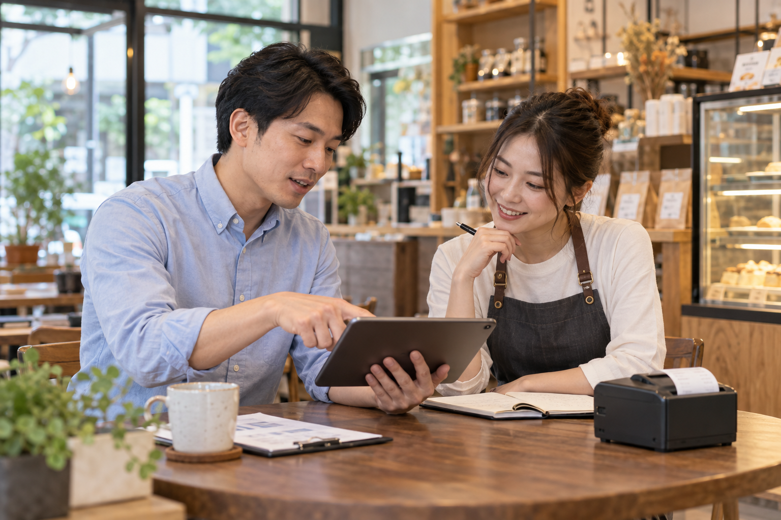 男性顧問與女性店主洽談收銀系統與店面流程規劃