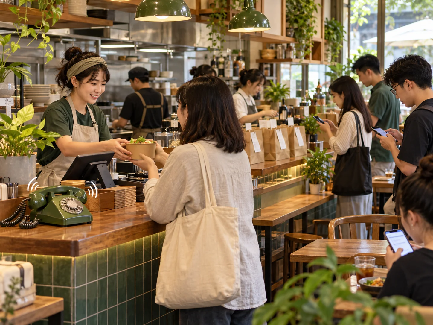 繁忙餐飲門市中顧客自行點餐與等候取餐