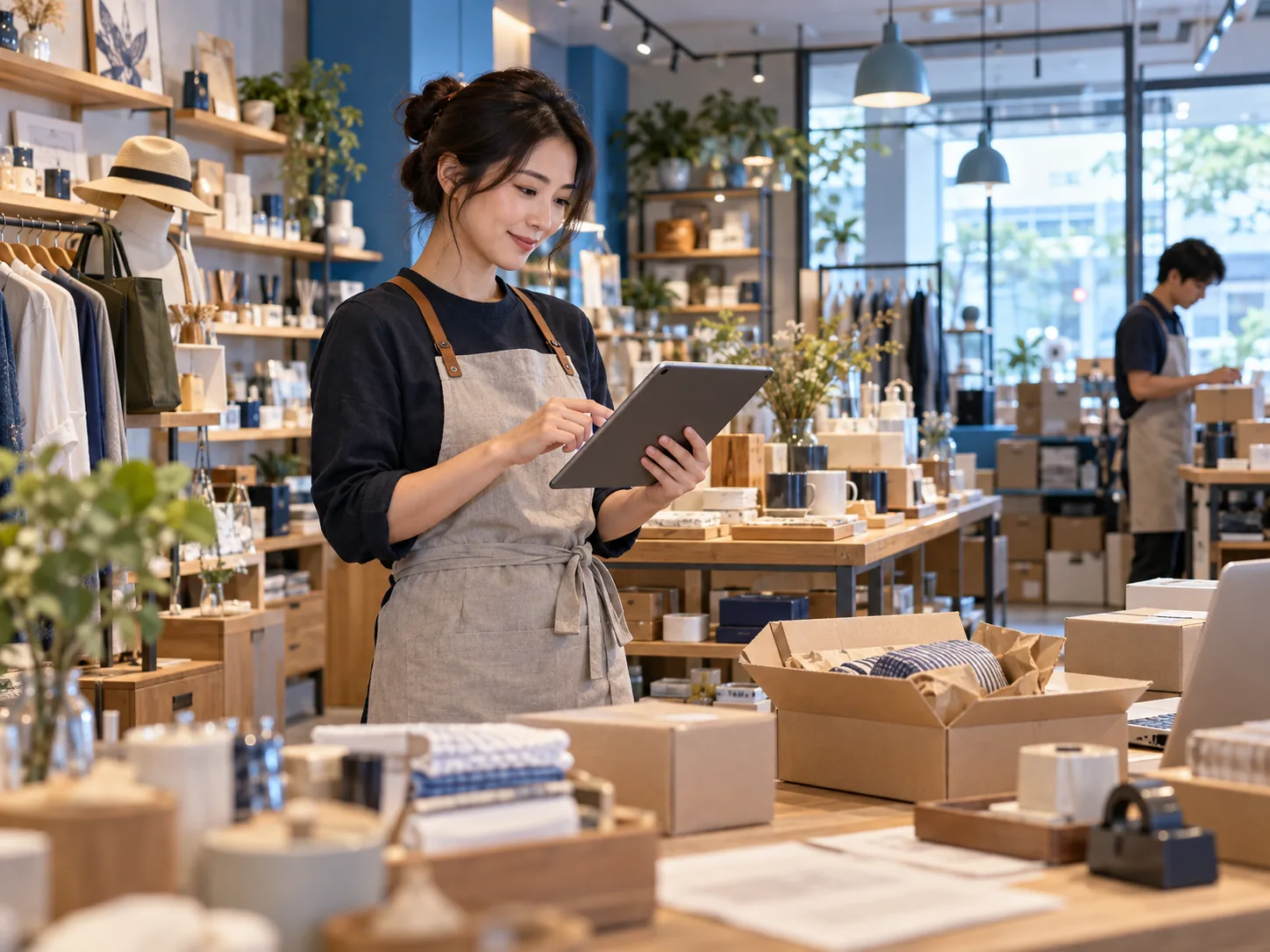 零售店主以平板管理現場與線上訂單資料
