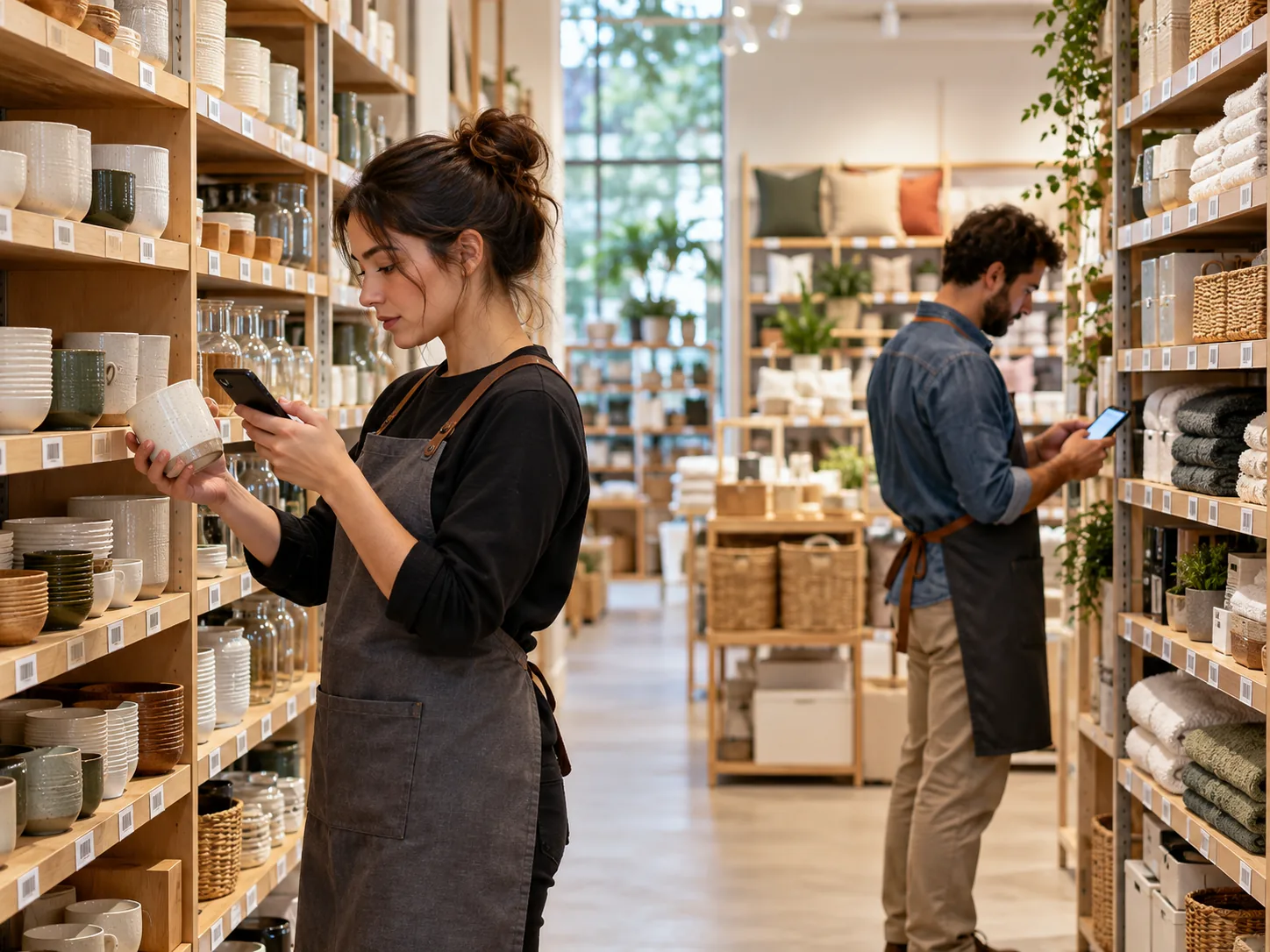 兩位店員使用安卓手機分區盤點商品庫存